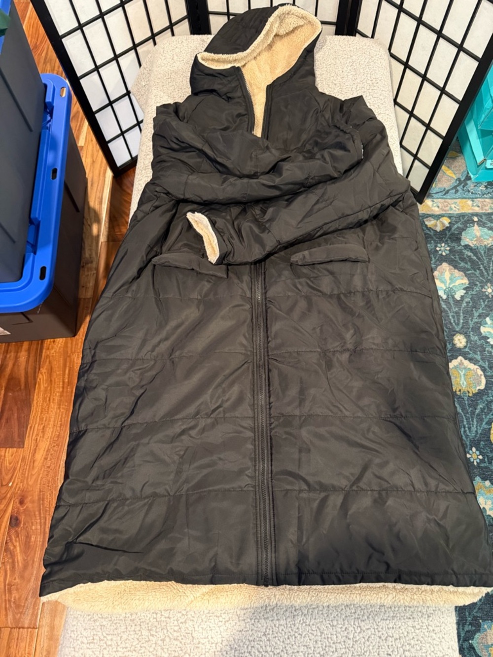 Black Hooded Puffer Coat with Cream Sherpa Lining